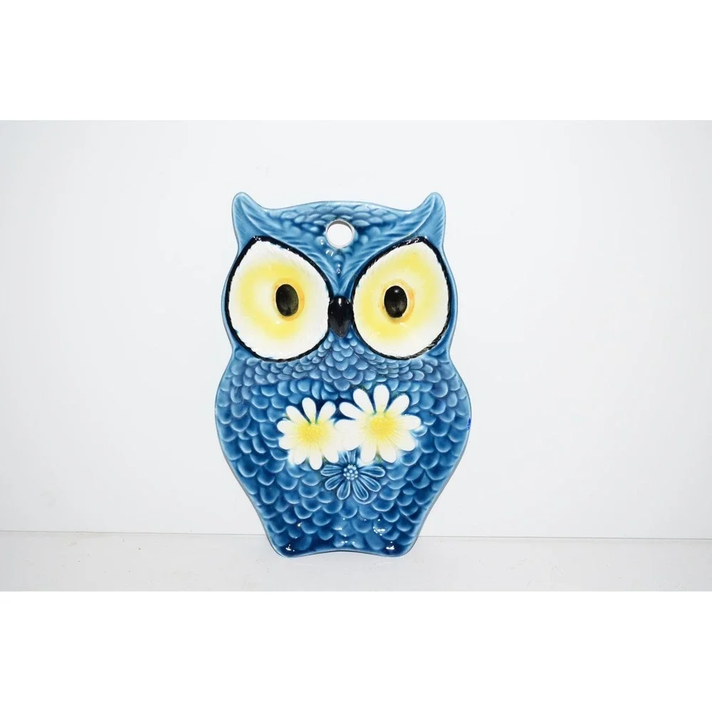 Vtg MCM Ceramic Owl with Retro Flower Spoon Rest Wall Hanging Blue yellow